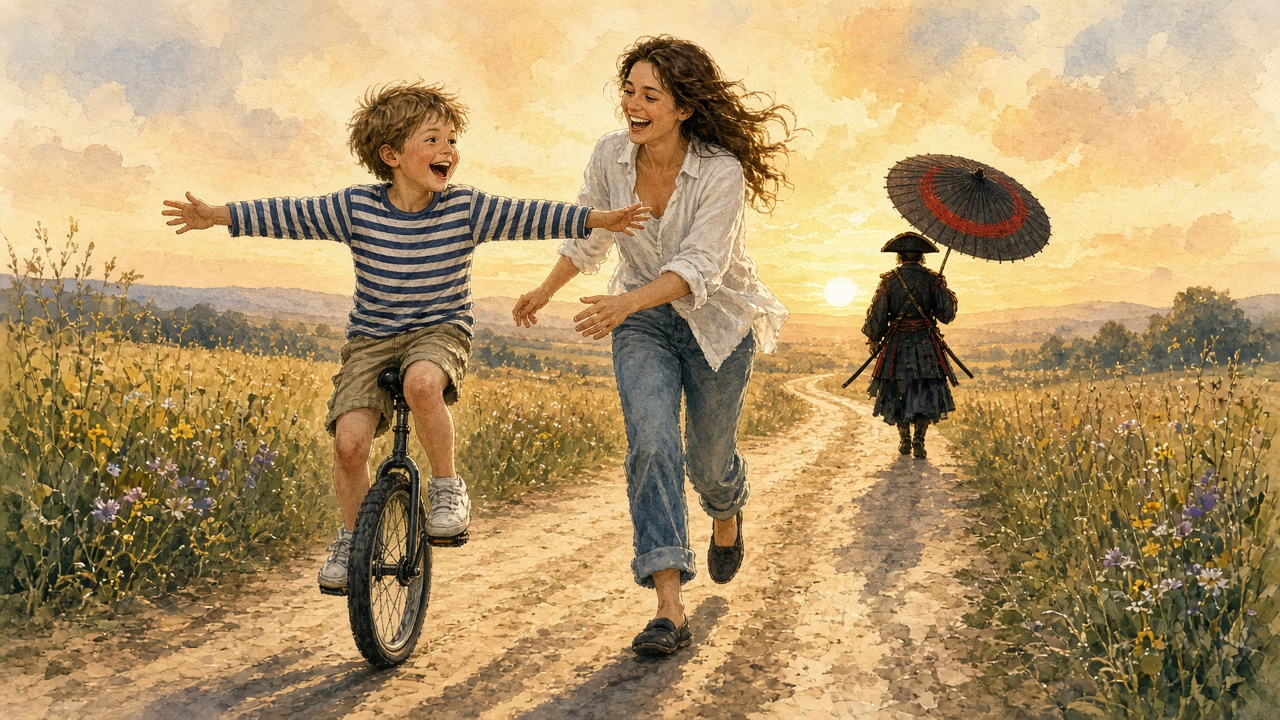 The boy rides the unicycle, wobbling, then balanced, arms stretched out wide. His mother runs alongside, laughing. Far down the road, the samurai pirate walks toward the horizon and opens his black parasol. From behind it is a black disc with a blood-red brushstroke ring.