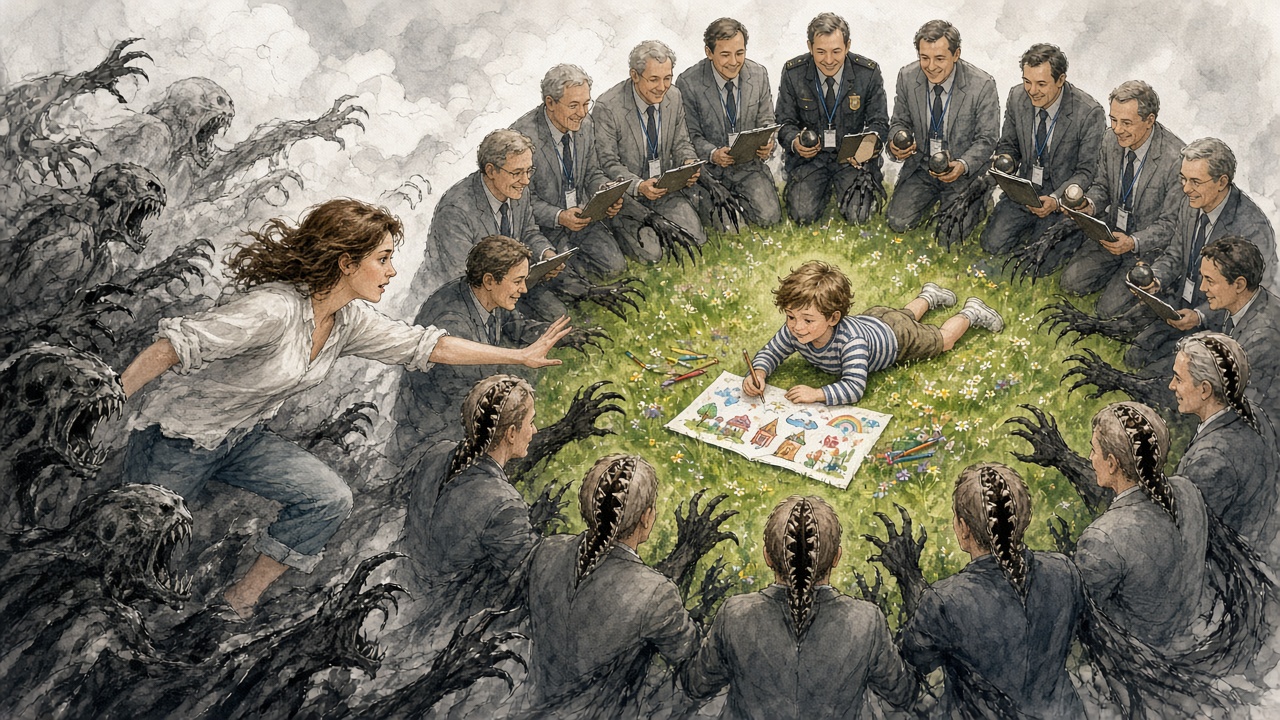 Inside the ring, facing the boy, the officials still smile with human faces and gentle hands, and his island of colour has shrunk to a few metres of grass. Outside, the side we see, the backs of their heads have split into wide jaws of teeth, and clawed arms grow from their backs. Everything outside the ring is black-and-white ink, a flood of demonic forms. The mother, the only colour out here, fights to push through and is swept back.