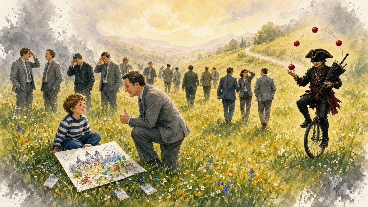 The officials blink and shake it off, human again, looking around confused. Their lanyards slide off into the grass. They smile at each other, lean down to praise the boy's drawing, and wander off in pairs and small groups, chatting. At the edge of the frame, the juggler keeps his three red balls flying in a perfect circle.