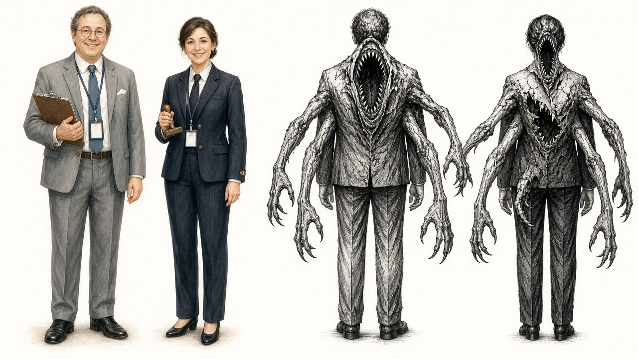 Model sheet: The officials, front and back